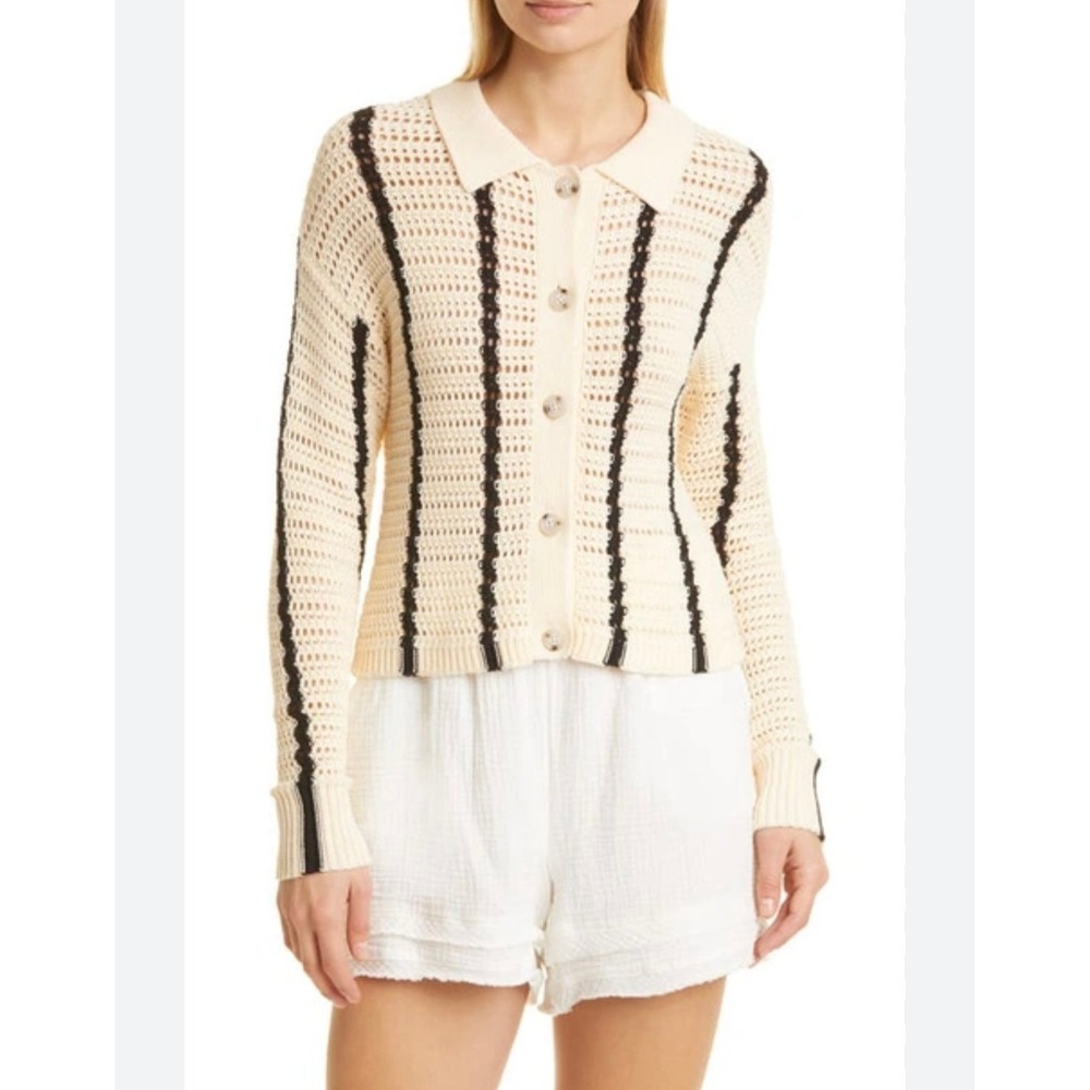 Monrow $225 Striped Organic Cotton Open Knit Crochet Cardigan Size Small - Picture 2 of 10